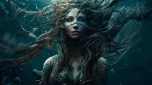 Beautiful Mermaid Siren Undine Of The Sea With Long Curly Hair. The Mermaid Swimming Underwater In The Deep Blue Sea. Fantasy Woman Real Mermaid. Myth Mystic Magic Fairy Tale Concept.
