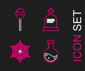 Wall Mural - Set line Bottle with potion, Spider web, Tombstone RIP and Lollipop icon. Vector