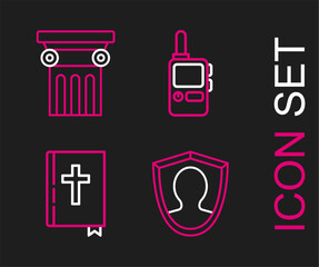 Sticker - Set line User protection, Holy bible book, Walkie talkie and Law pillar icon. Vector