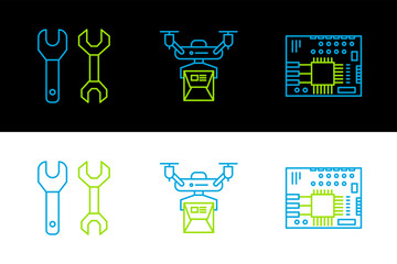 Sticker - Set line Printed circuit board PCB, Spanner and Drone delivery concept icon. Vector