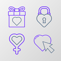 Sticker - Set line Heart and cursor click, Female gender symbol, Castle in the shape of heart and Gift box icon. Vector