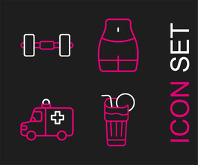 Canvas Print - Set line Fresh smoothie, Ambulance and emergency car, Women waist and Dumbbell icon. Vector