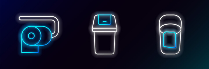 Poster - Set line Bucket with rag, Toilet paper roll and Trash can icon. Glowing neon. Vector