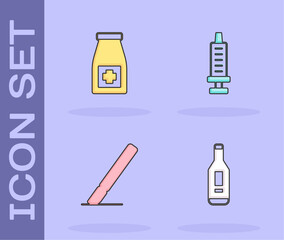 Wall Mural - Set Digital thermometer, Medicine bottle and pills, Surgery scalpel and Syringe icon. Vector