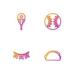 Sticker - Set line Taco with tortilla, Carnival garland flags, Balloons and Baseball ball. Gradient color icons. Vector