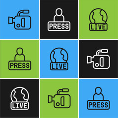 Sticker - Set line Cinema camera, Live report and Journalist news icon. Vector