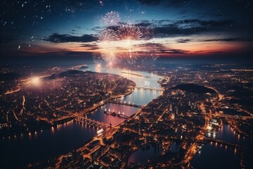 Sticker - Fireworks over the city. Merry christmas and happy new year concept