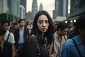 Wall Mural - A Malaysian woman stands at the edge of a city square watching the people rush past her with an understanding gaze. Her dark eyes are full of awareness and she s dressed stylishly