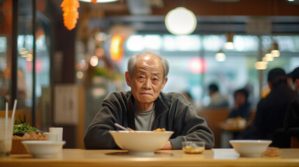 Wall Mural - An older Asian man seated alone at a table surrounded by the hustle and bustle of the restaurant. There is a bowl of y miso ramen soup with tender pork slices in front of him with