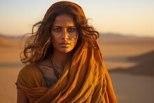 A Mrdungar Woman Stands Alone In The Middle Of A Resplendent Desert Gazing Out At The Horizon With A Gleam Of Excitement In Her Chocolate Eyes. Her Vibrant Saffron Dress Flaps In The