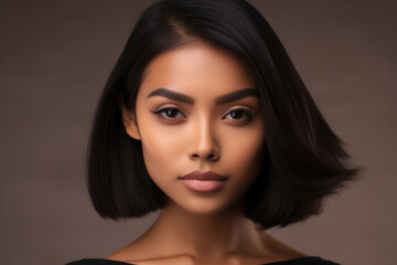 Wall Mural - A stunningly gorgeous Malaysian woman with deep bronze skin and large almond eyes. Her smooth draw attention to her chic glossy black bob and dark lash line.