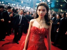 A Chinese Teen Confidently Struts Down The Red Carpet As Onlookers Admire Her Fashionable Style.