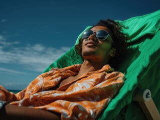 Sticker - An Indonesian man is lying on a sun soaked beach chair his eyes closed and a slight smile relaxing his face. The oceans waves provide soothing music to his peaceful silence as he takes