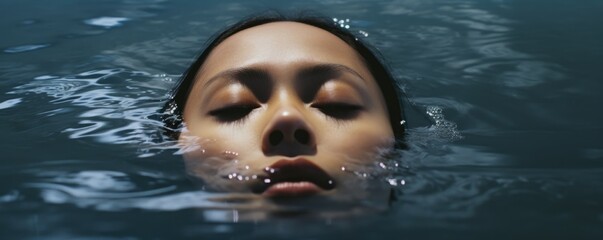 Wall Mural - An Indonesian woman with her eyes shut in a pool of hot spring water contentedly allowing the warmth to permeate her aching muscles and caress her troubled soul.
