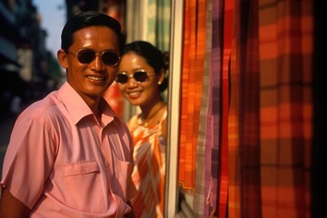 Wall Mural - A cheerful Cambodian couple take a walk in the city hand in hand. They stop to admire the various shop windows shades of orange and pink tinting their figure as they admire the scenery.