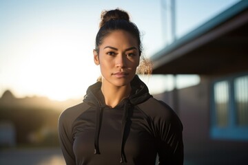 An Asian woman stands proud displaying her toned figure wearing tight black fitness leggings and a hoodie with her hair tied back in a high ponytail. Her skin glows against the vibrant