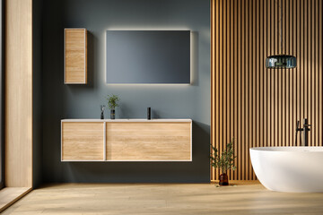 Comfortable bathtub and vanity with basin standing in modern bathroom with blue and wooden walls and wooden floor.Front view