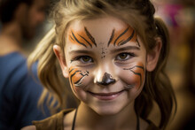 Young Girl Smiling With A Tiger Face Paint, Generative AI