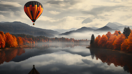 Hot air ballon flying over the mountains in fall peak leaves season. 