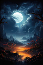 Happy Halloween Spooky Scary Moon Night Scene Horror Landscape Background. Creepy Dark Forest Woods Trees, Moon And Happy Haloween Ghosts Gothic Mysterious Sky Moonlight Gloomy Scenery Backdrop.