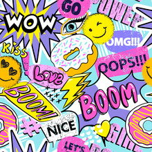 Fashion Abstract Seamless Pattern With Patch, Stickers, Dots And Words. Cool Background On Comics Style For Teen Girl