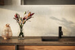 © leymandesign - Minimalistic bathroom featuring a marble basin with black faucet and mirror, flower . This mockup-ready countertop can serve as a display stand for bathroom products  3d Rendering