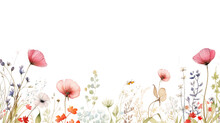 Dainty Wildflowers In Watercolor Style As A Frame Border Isolated On A Transparent Background, Generative Ai 