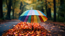 There Is A Colorful Umbrella Sitting On The Ground In The Middle Of The Leaves Generative AI