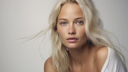 Wall Mural - a woman with a blonde hair on a white background posing for a picture with her hand on her shoulder