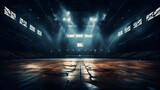 Fototapeta Przestrzenne - arafed empty basketball court with lights shining through the windows Generative AI