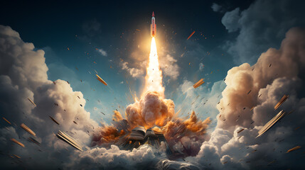 Wall Mural - arafed image of a rocket launching into the sky with smoke and debris Generative AI