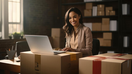 Smiling female ebay seller boxes and packing tape all around her working on her laptop