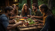 © Aashutosh Pandit - several people sitting around a table eating food and drinking wine Generative AI