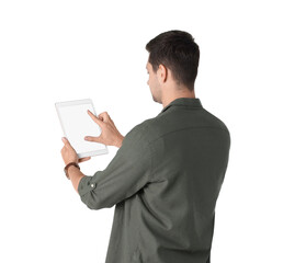 Wall Mural - Man using tablet with blank screen on white background. Mockup for design