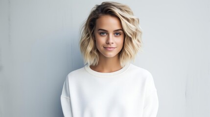   beautiful woman wearing a plain sweatshirt standing in front  white wall with modern decor in the background in a happy mood