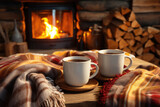 Two mugs of coffee by the fireplace, cozy autumn evening 