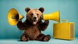 Aggressive marketing with brown bear holding yellow loudspeaker in paw and shouting on light blue background - animal cool boss and business management, concept, creative idea to attract attention