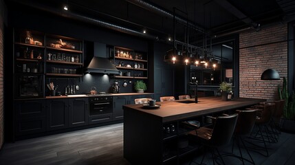 Dark kitchen interior design. Created with Generative AI technology.