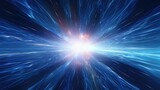 Fototapeta Do przedpokoju - A 3D render of an irregularly shaped hyperspace tunnel, radiating energy and light. Bright stars illuminate the blue explosion, creating a futuristic concept of contorted space