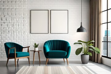 Two poster mock up of home interior with vertical metal frame, potted plant and lamp on white wall background. 3d rendering