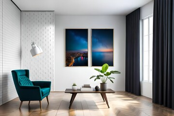 Two poster mock up of home interior with vertical metal frame, potted plant and lamp on white wall background.