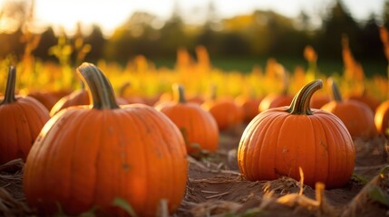 Canvas Print - A field of orange pumpkins sitting on top of dry grass. Generative AI.