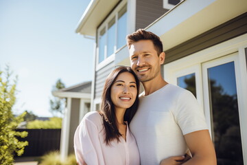 Happy black couple standing outside their house