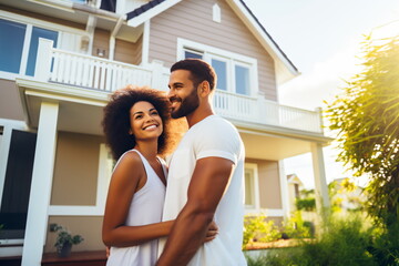 Happy black couple standing outside their house