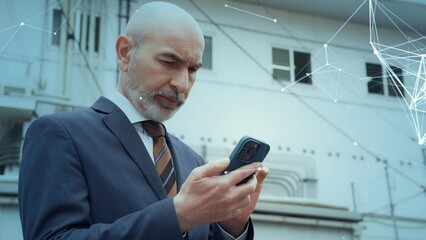 Poster - Middle aged businessperson using a smart phone and wireless communication network concept. Mobile communication. Internet of Things.