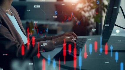 Fototapete - Young black woman working in office and financial chart concept. Financial technology. Management strategy.