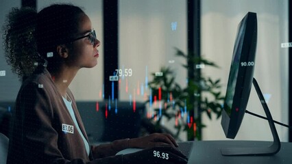 Fototapete - Young black woman working in office and financial chart concept. Financial technology. Management strategy.
