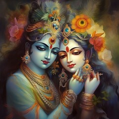 Wall Mural - Lord Radha Krishna wall poster oil Painting generated using AI, Generative AI