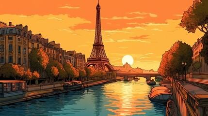 Wall Mural - Iconic sights of Paris, Eiffel Tower. Fantasy concept , Illustration painting.