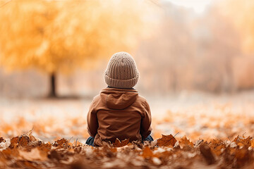 Wall Mural - Back view of a young boy kid sitting in an autumn park